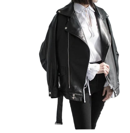 PU Faux Leather Jacket Women Loose Sashes Casual Biker Jackets Outwear Female Tops BF Style Black Leather Jacket Coat
