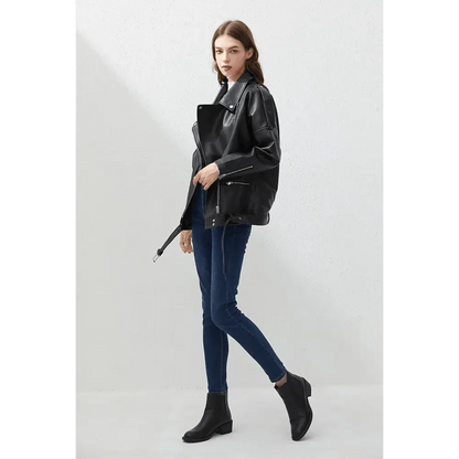 PU Faux Leather Jacket Women Loose Sashes Casual Biker Jackets Outwear Female Tops BF Style Black Leather Jacket Coat