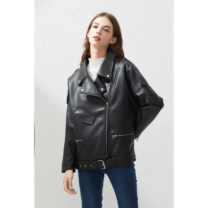 PU Faux Leather Jacket Women Loose Sashes Casual Biker Jackets Outwear Female Tops BF Style Black Leather Jacket Coat